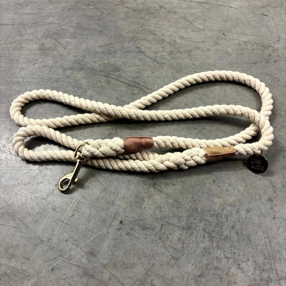Lucky Pup Cotton Rope Dog Leash Cream Gold Hardware Handcrafted Style 5ft